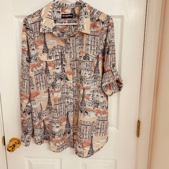 KARL LAGERFELD PARIS Size Large Paris PRINT SHIRT ROLL UP SLEEVE - Picture 8 of 13